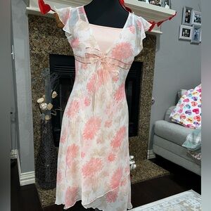 Y2K 90’s Vintage Sheath Dress Peach & White Floral Print Empire Waist / Large